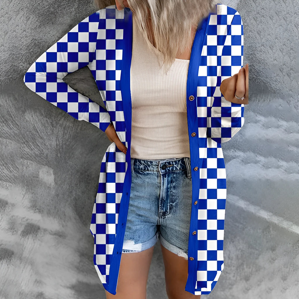 Long grey plaid pattern cardigan coat on a model, showing loose knit and regular sleeves.