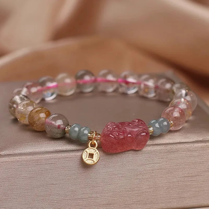 Single circle bracelet with natural coloured hair crystal beads in Korean style flower and insect designs
