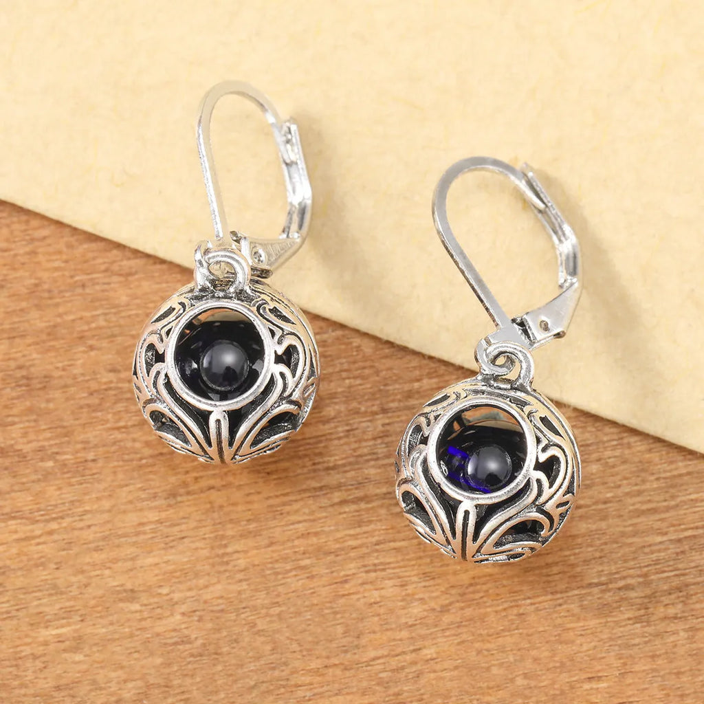 Vintage engraving hollow blue gemstone pendant earrings in silver-tone zinc alloy for women