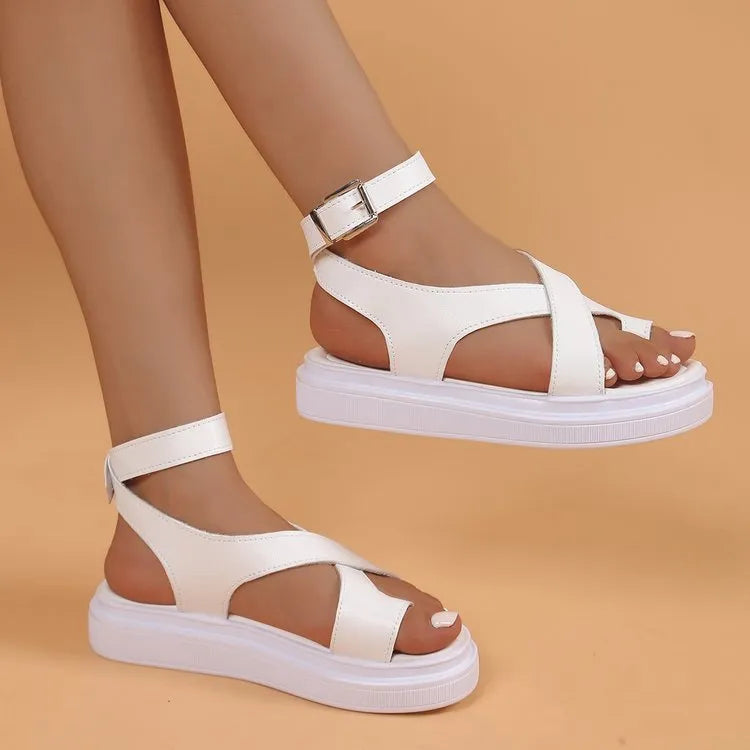 Women's white thick-soled Roman-style buckle sandals with PU upper and lace detail on foot