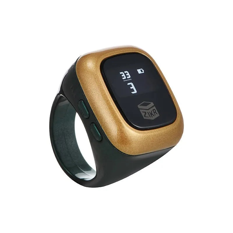 Electronic dhikr counter with digital display shown in various colours and bead sizes.
