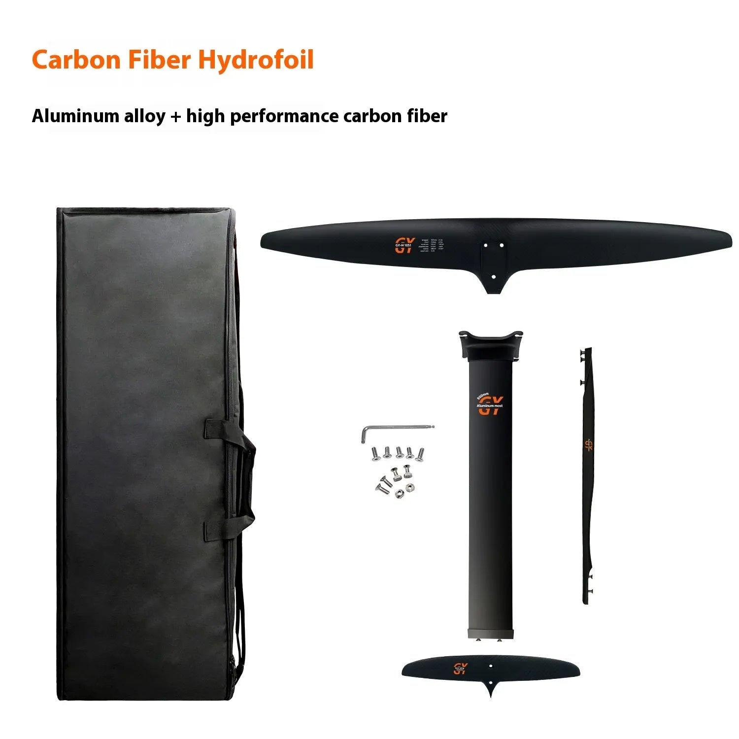 Carbon fiber racing hydrofoil surfboard attachment with aluminium alloy front wing