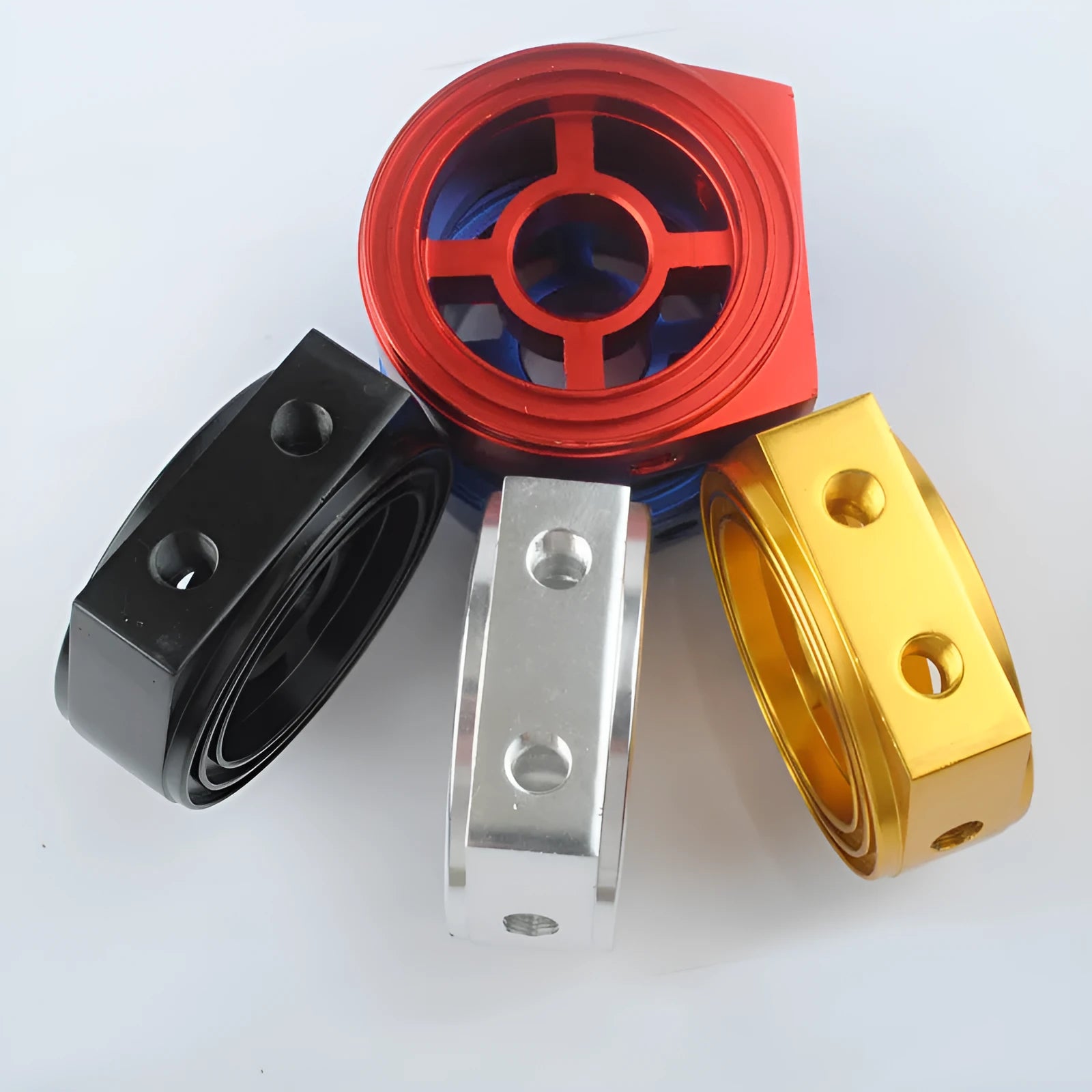 Universal oil pressure gauge adapter in aluminium alloy, multiple colour options on white background