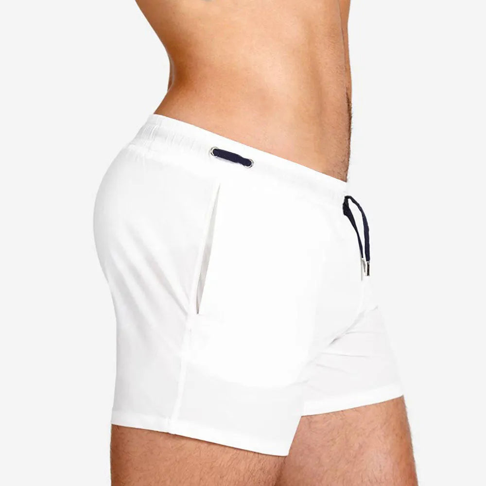 Polyester sports shorts with mesh lining in six colours: white, red, sky blue, dark blue, army green, rose red.