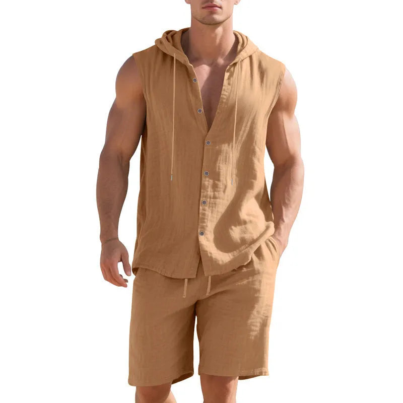 Men's linen sleeveless shirt and shorts suit set in army green, front view