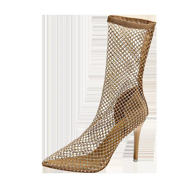 Gold mesh high heel sandals with pointed stiletto design and rubber sole