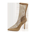 Gold mesh high heel sandals with pointed stiletto design and rubber sole