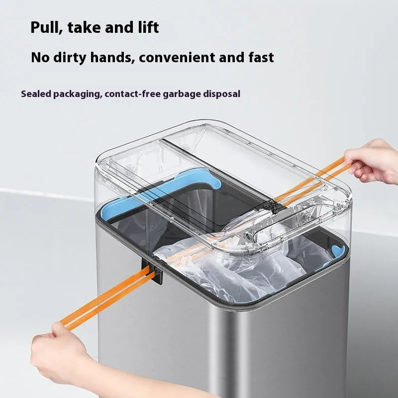 Stainless steel smart inductive trash can with automatic lid and square bucket design.