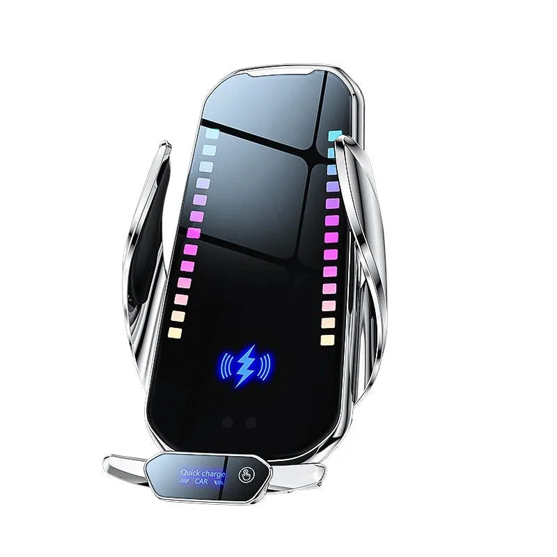 Silver car phone holder with wireless charging and auto clamp on dashboard