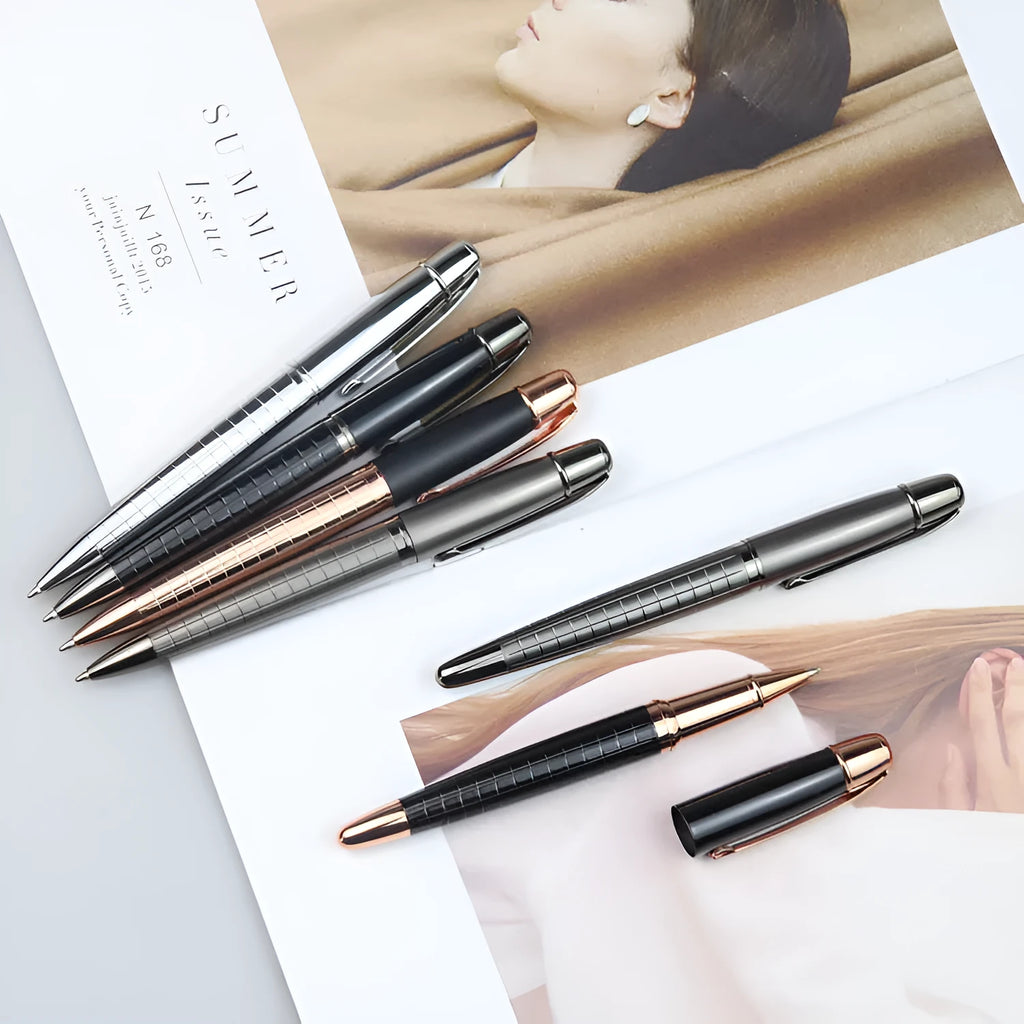 Gun gray metal roller pen with black ink cap, 13.5cm length, on white background