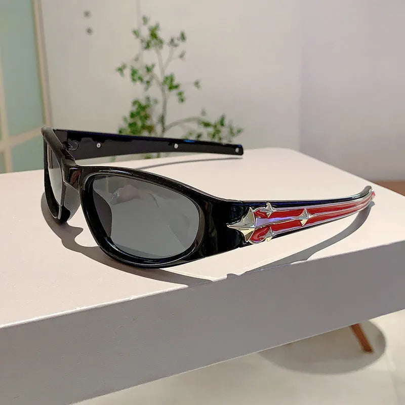 Outdoor sports sunglasses with PC frame and lenses in a choice of six colours including black frame blue lens.