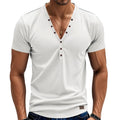 Man wearing a loose grey V-neck T-shirt with button detail on the front.