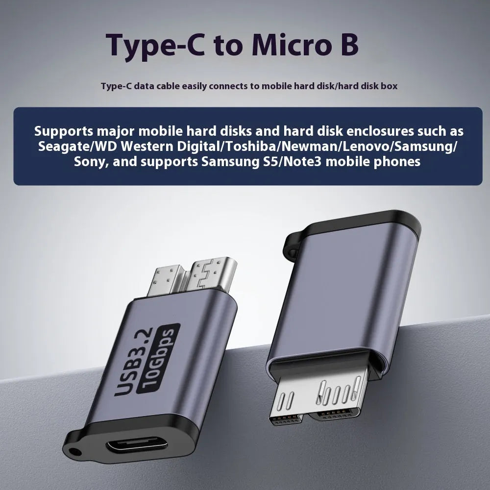 Micro B adapter converter showing Type-C and USB connectors for charging and data transfer on hard drives and phones.