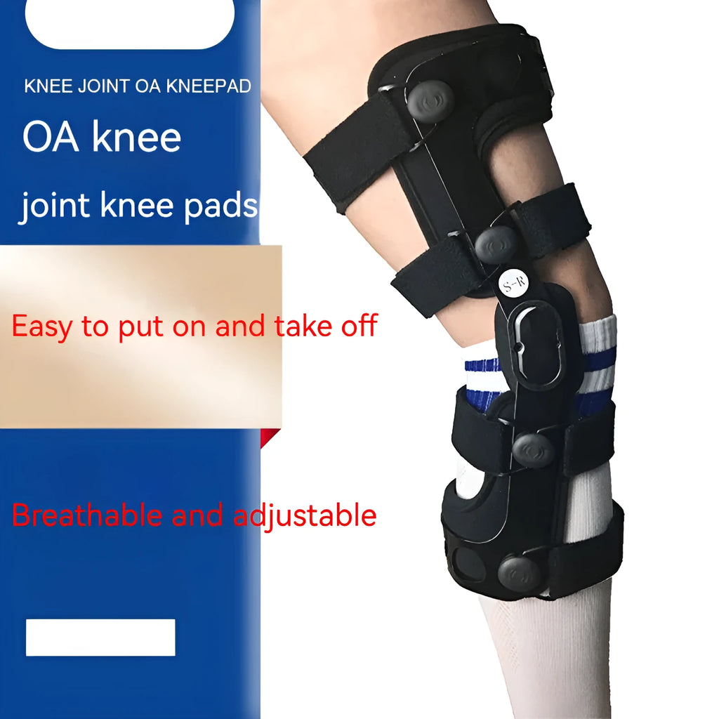 Black anterior cruciate ligament knee brace with visible metal side stays and hinges on a leg.