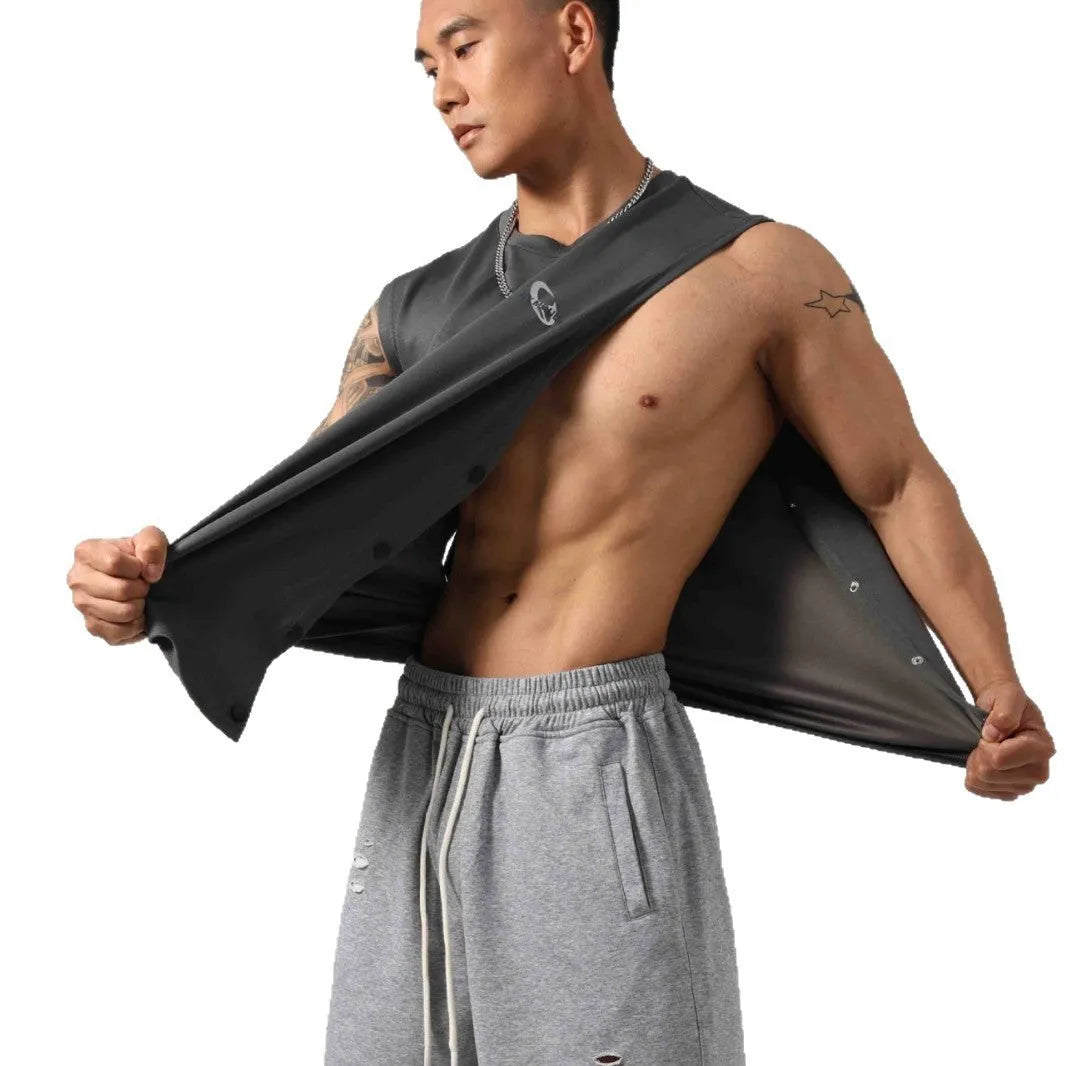 Korean style men's fitness vest with hidden hook side openings in cotton fabric