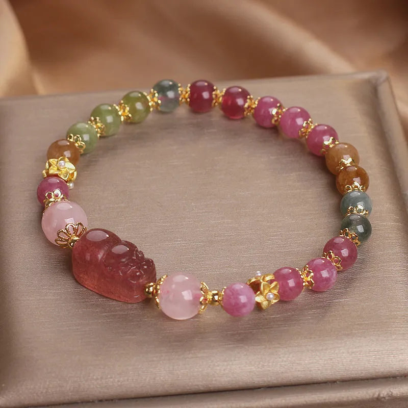 Candy color tourmaline strawberry quartz pi xiu bracelet 17cm women pink red crystal electroplating beads