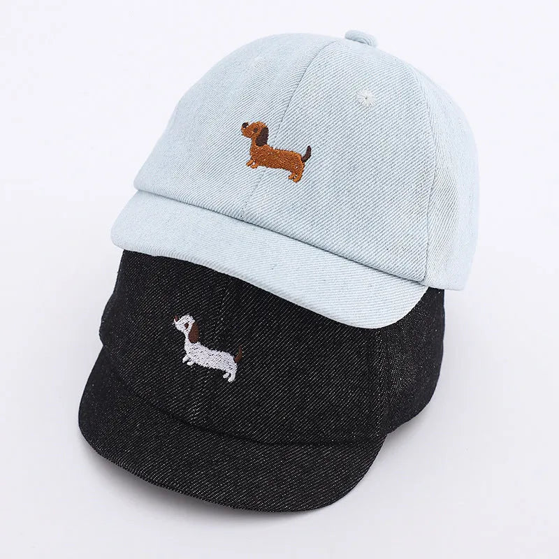 Baby denim baseball cap with puppy design in light blue, sunshade brim, 48cm size