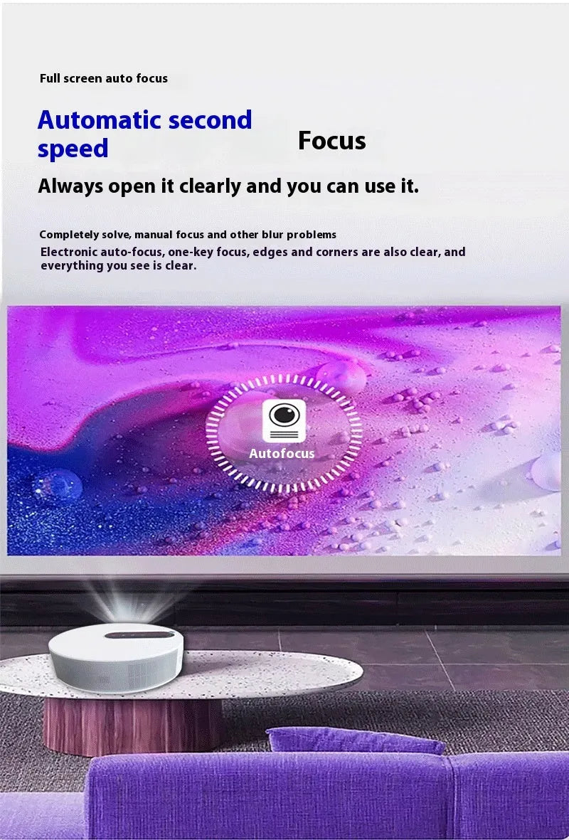White home theatre projector with remote control on table showing HD 720p resolution specifications