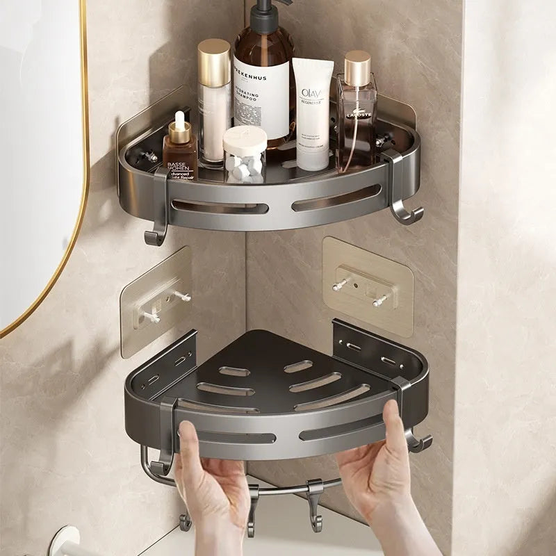 Gun gray triangle wall-mounted bathroom rack with rod, fan-shaped corner design, 15kg load capacity