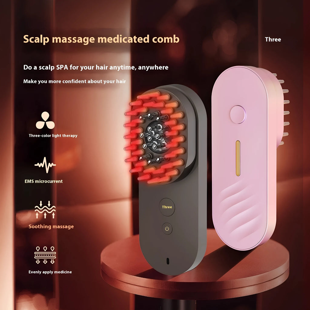 Pink and black smart massage comb for scalp care with red light therapy, measuring under 10cm.