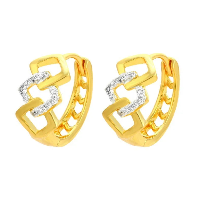 Geometric hollow-out alloy earrings with electroplated colour separation and clip fastening