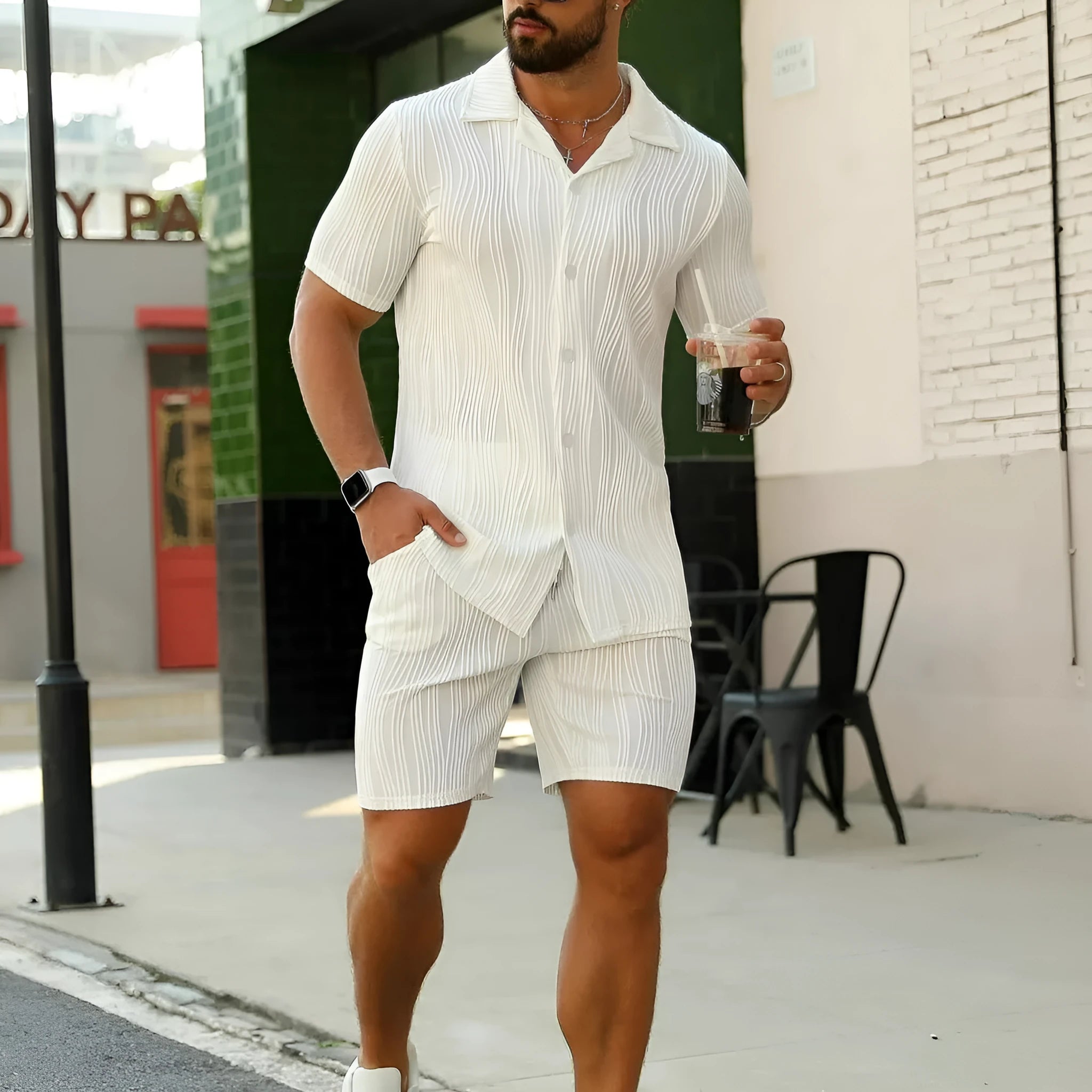 Men's wave pattern casual short sleeve shorts suit in black, cotton blend fabric, shown with matching top and shorts
