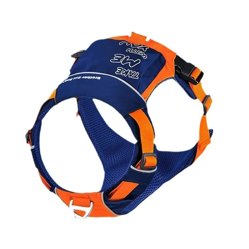 Orange blue nylon dog chest strap vest with hand rope leash shown on adjustable sizing