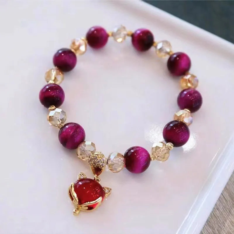 Handmade natural Tigereye stone crystal bracelet with double chain, rose red fox charm