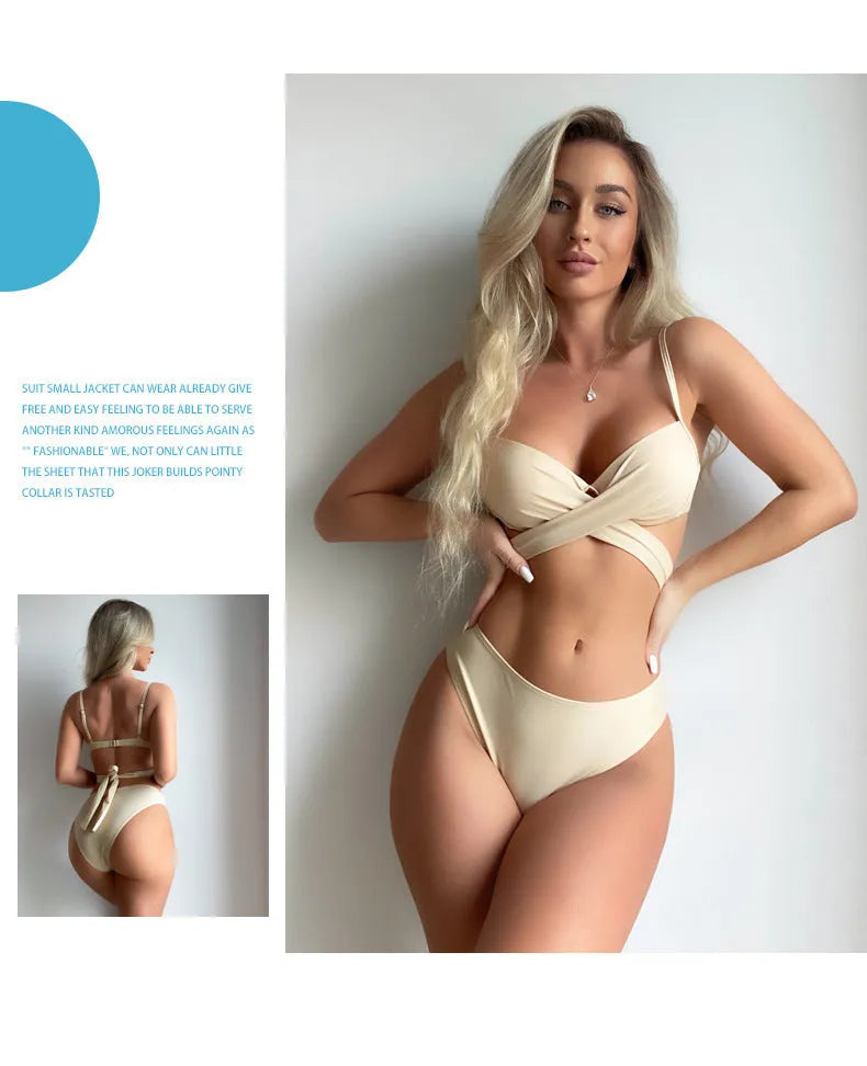 Three-piece backless push-up bikini set in solid colour with matching skirt on mannequin