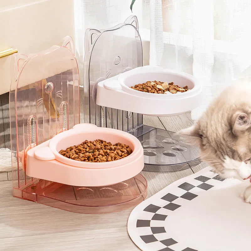 Grey adjustable height cat feeding bowl with anti-spill design and neck protection features