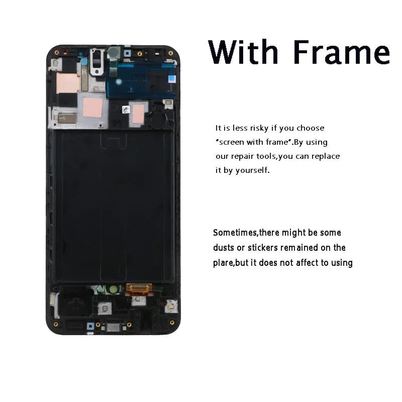 Black replacement LCD screen for Samsung Galaxy A50 and A50S in OLED or in-cell construction.