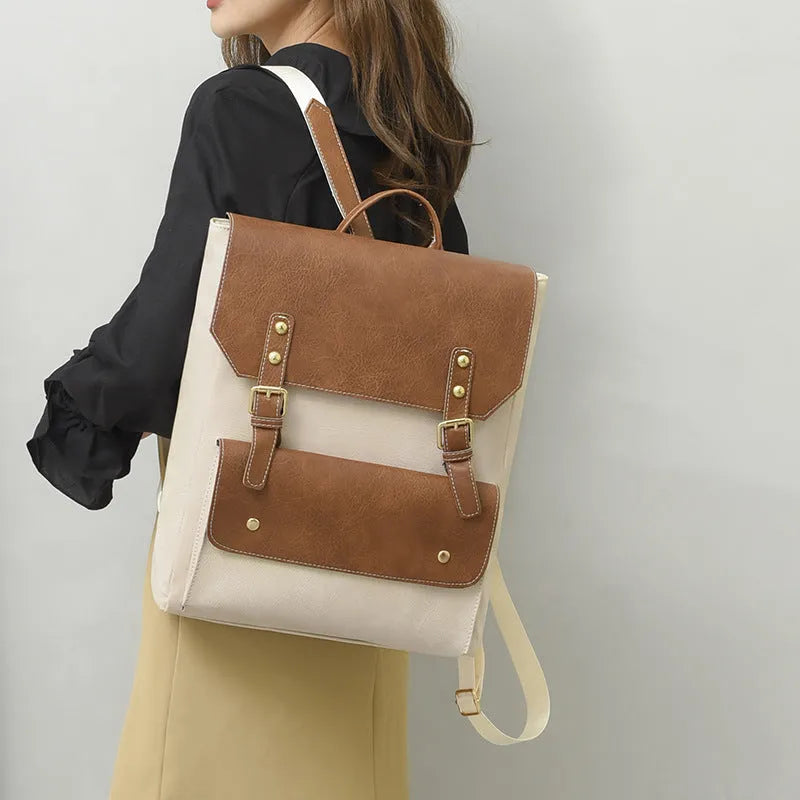 Korean retro style simple backpack in soft PU material, shown in available colours.