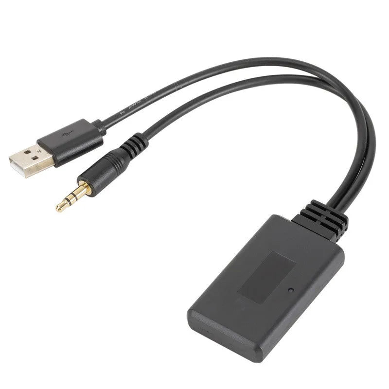 Black ABS plastic car aux Bluetooth audio receiver with USB and 3.5mm output interfaces