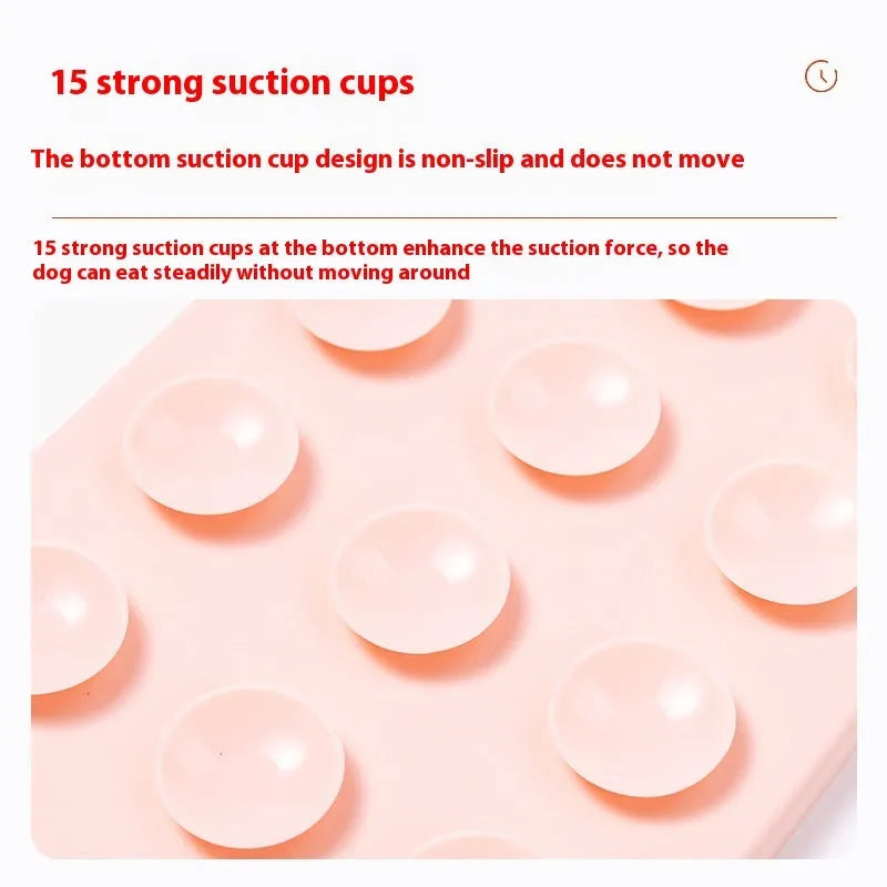 Silicone pet licking mat in khaki with suction cups on a tile floor for slow feeding