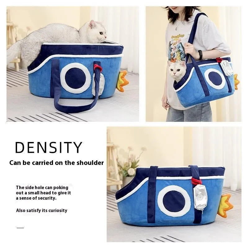Shoulder cat bag pet carrier in green with cartoon pattern and short plush material