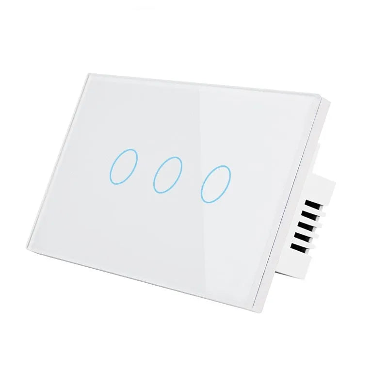 White 2-gang RF remote control light switch with tempered glass touch panel and LED indicators