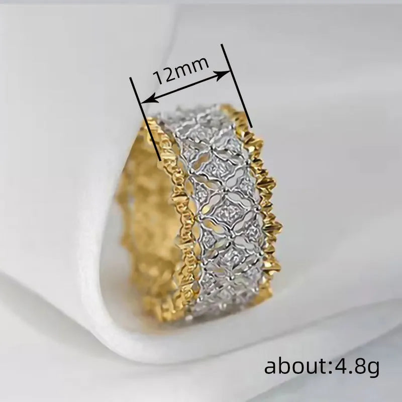 Geometric two-tone gold zircon ring with round elements on copper base