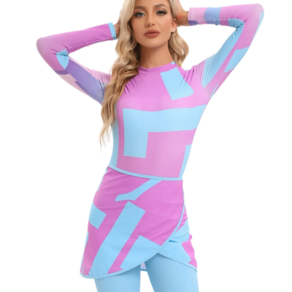 Muslim conservative swimsuit three-piece set with apron in sapphire colour