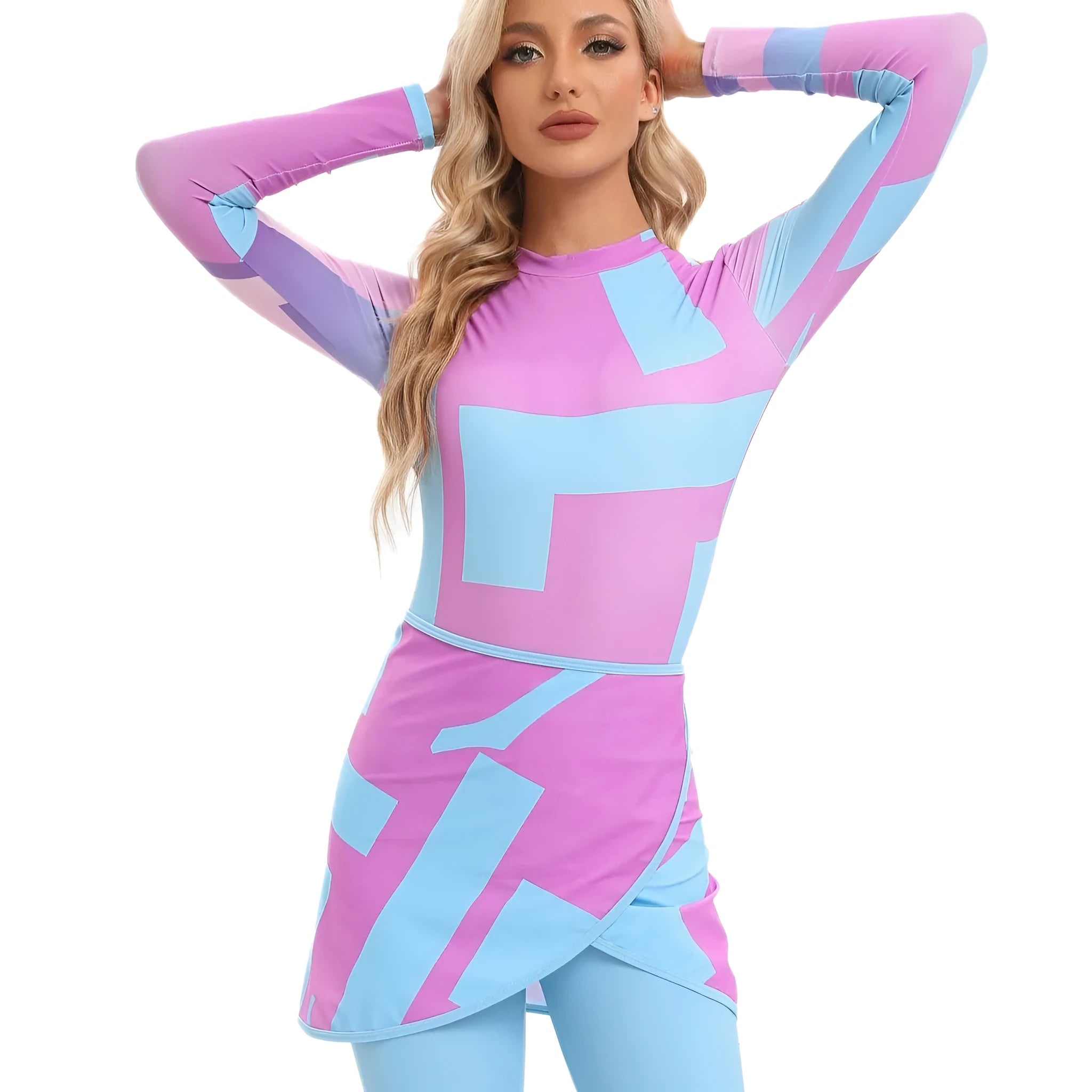 Muslim conservative swimsuit three-piece set with apron in sapphire colour
