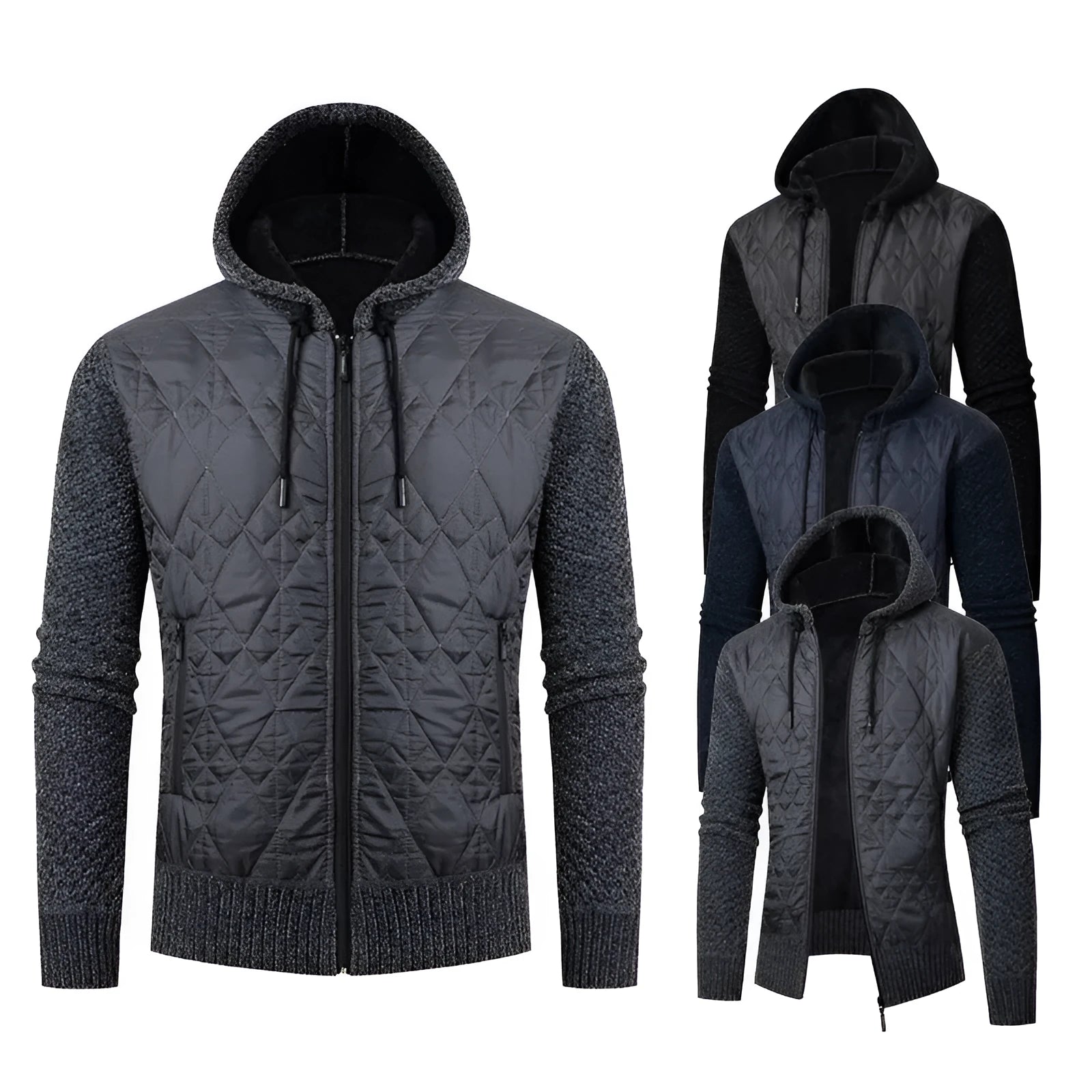 Men's grey hooded corduroy sweater coat with cinched waist showing wool texture and cardigan style