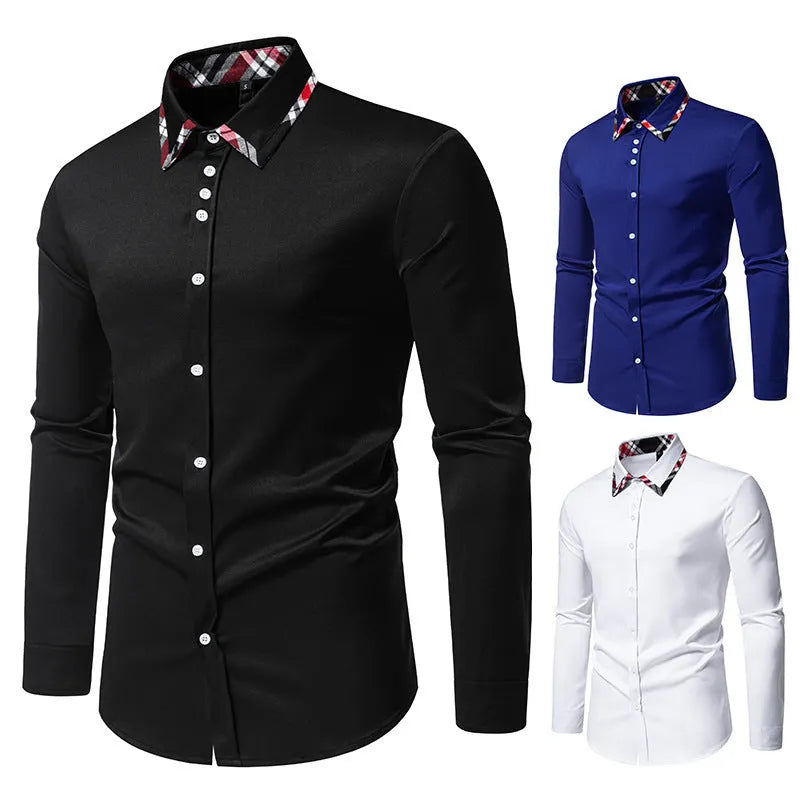 Men's blue plaid contrast triangle collar long sleeve casual shirt on a hanger.