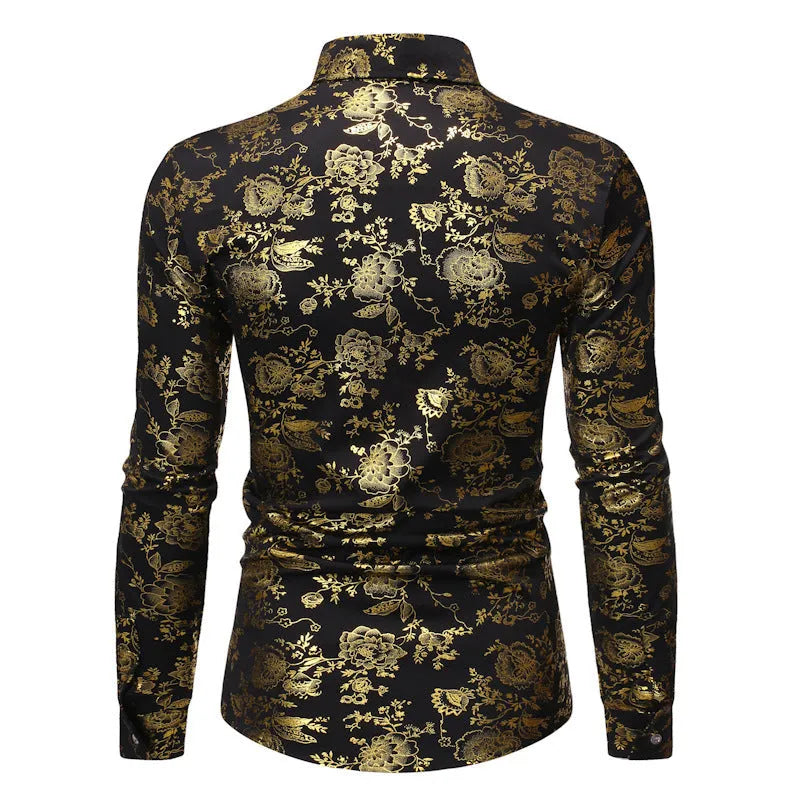 Man wearing a wine red casual lapel shirt with a metallic bronzing digital print design.