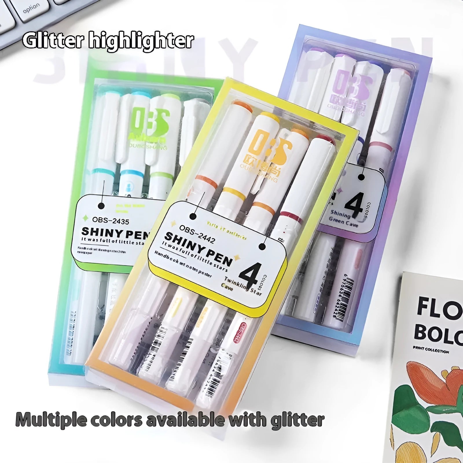 Star River glitter fluorescent pen set showing slanted 4mm tip and six glitter ink colour variations