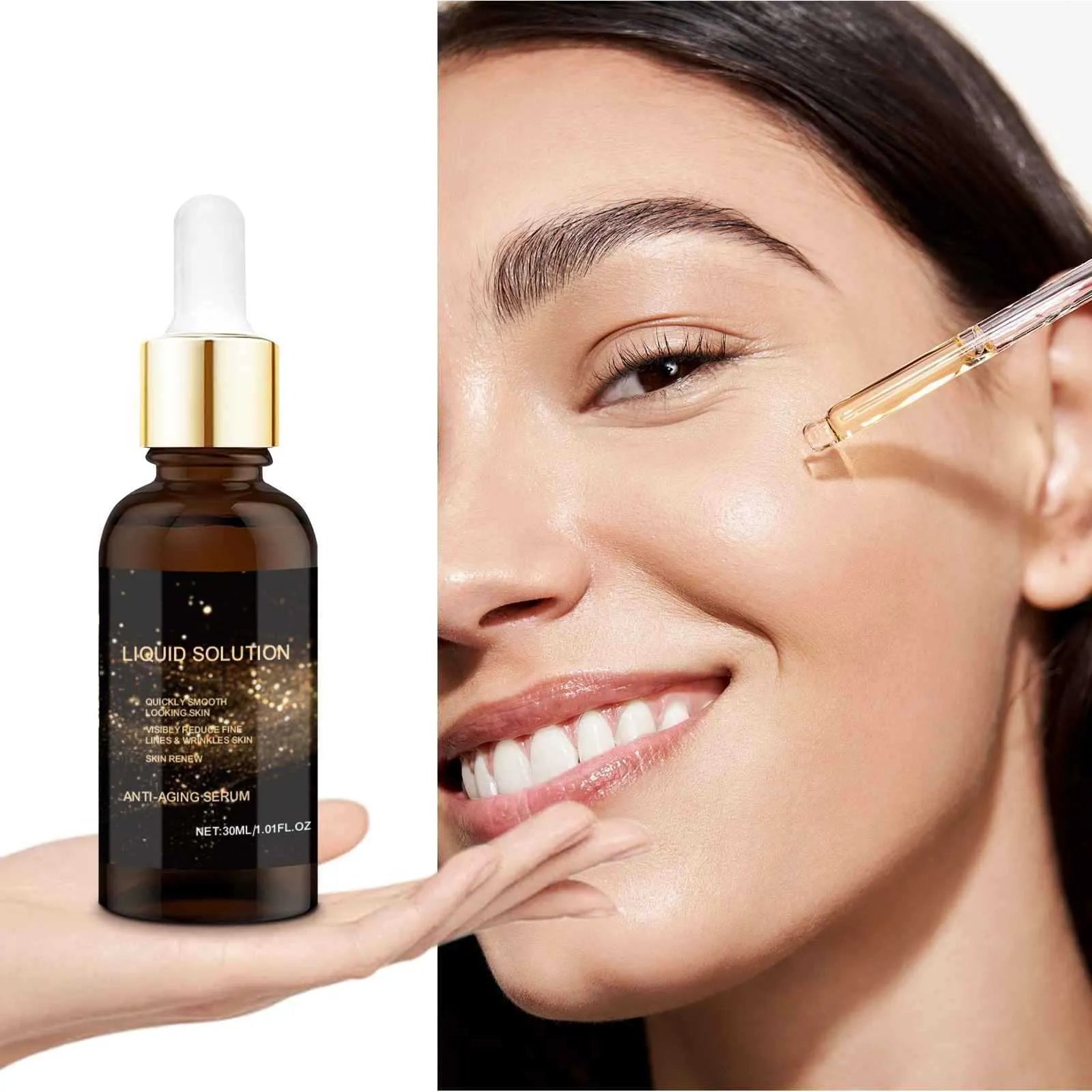 30ml bottle of facial moisturising care solution with hyaluronic acid, measuring 9cm in height.