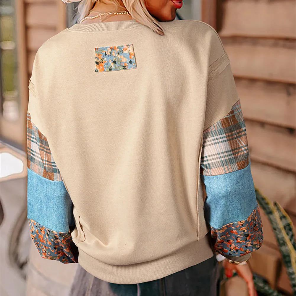 Women's loose-fit plaid stitching long-sleeved polyester top in apricot colour