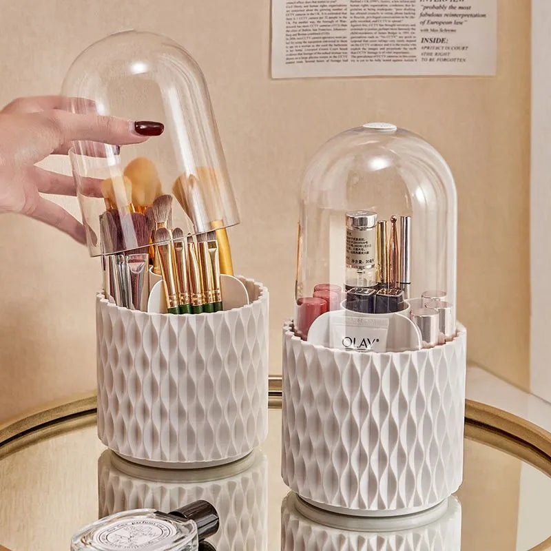 White acrylic makeup brush holder with transparent dust cover and rotating base