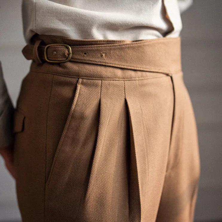 Men's high waist straight leg casual trousers in black polyester fabric