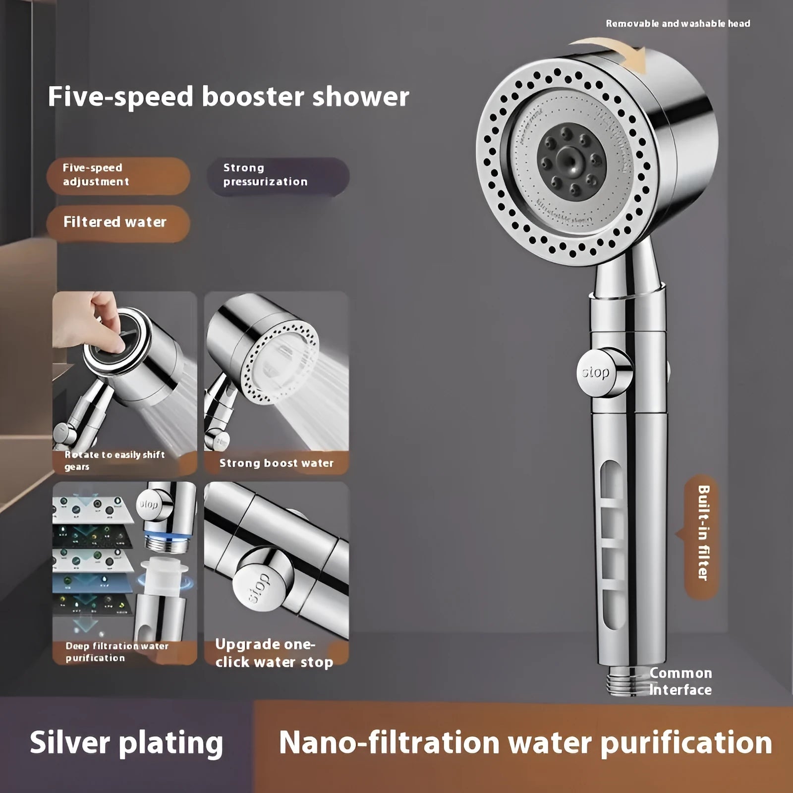 Silver portable shower head with strong pressurised water flow and multiple spray functions