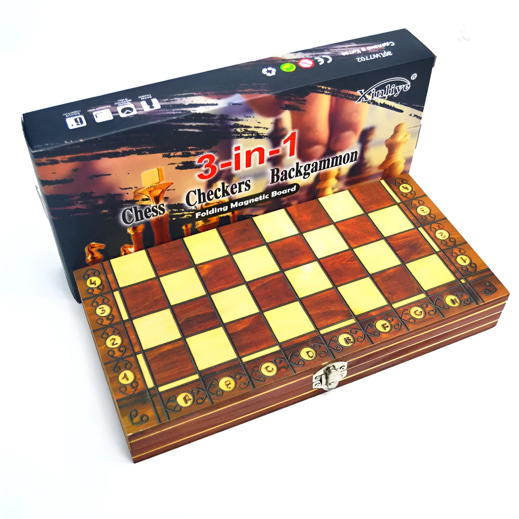 Wooden magnetic 3-in-1 chess set folding board with wooden chess pieces king height 5.5cm