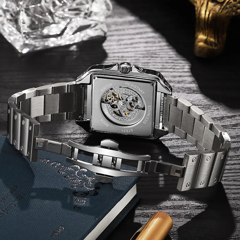 Square diamond-studded automatic watch for men with choice of black or white steel and leather straps